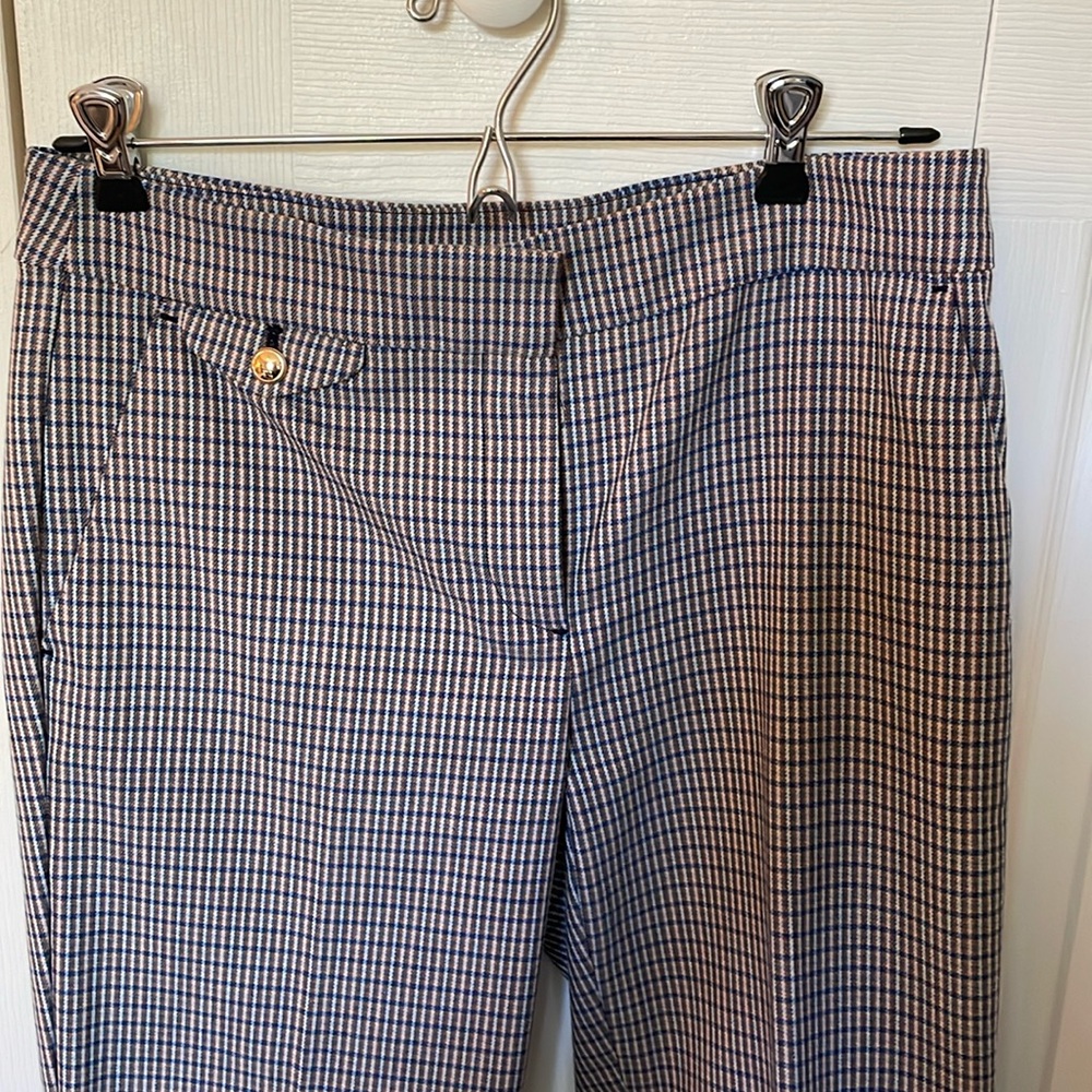 Houndstooth (navy and brown) Riviera Slim (Loft) pants - gold button detail